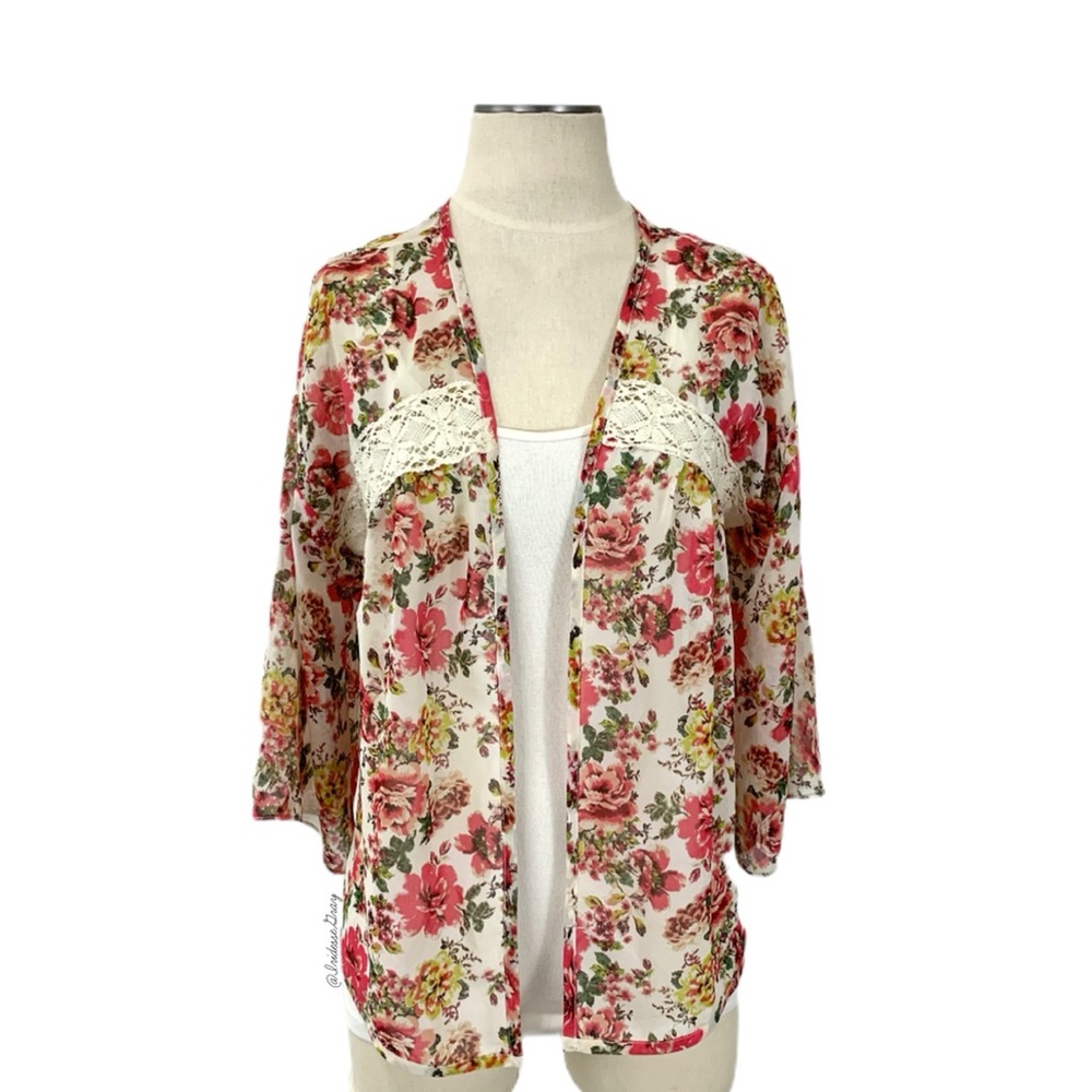 LA Hearts- Pink Multi Rose Print Sheer Open Kimono